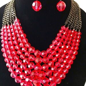 Pink and Gun-Metal Multi-Strand Beaded Necklace with Matching Earrings.